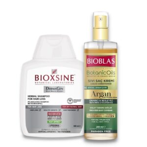 Zestaw - szampon Bioxsine Dermgen do włosów suchych i normalnych oraz odżywka arganowa w sprayu Bioblas.